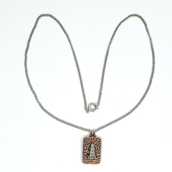 Vintage Hammered Copper Pewter Lighthouse Necklace Pendant FORT 1979 1" X 1/2" - Picture 3 of 4